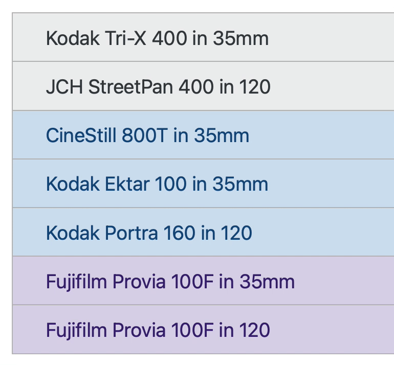 Film inventory cards invert foreground and background colors on hover.