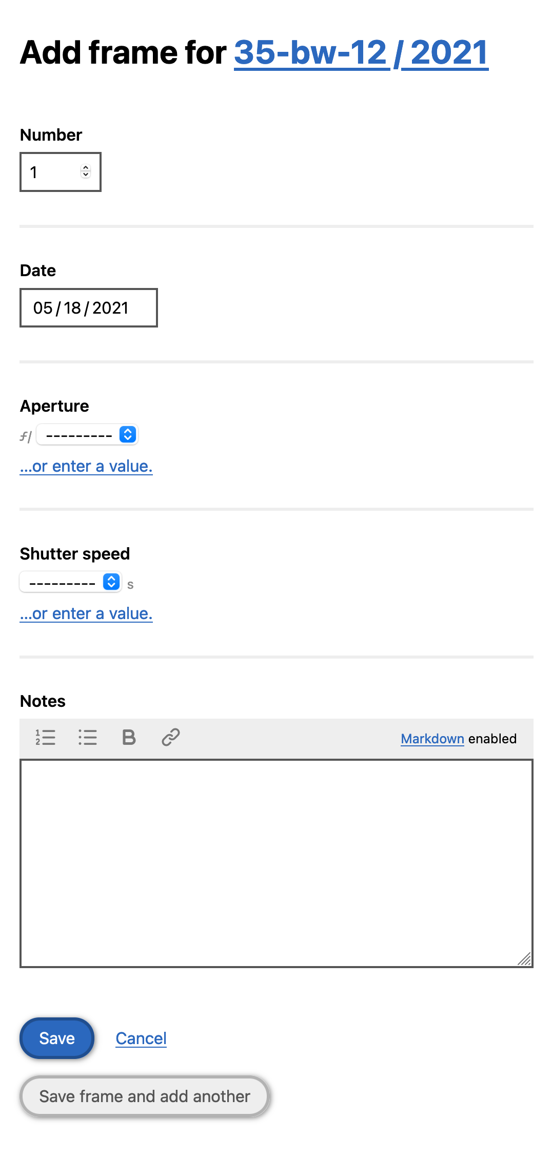 Form for adding (or editing) a frame.