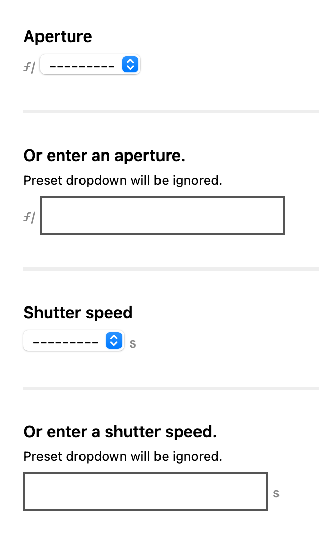 Aperture and Shutter Speed each show two fields if JavaScript isn’t available.