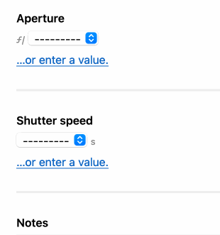 Animation of Aperture and Shutter Speed dropdowns that convert to text inputs