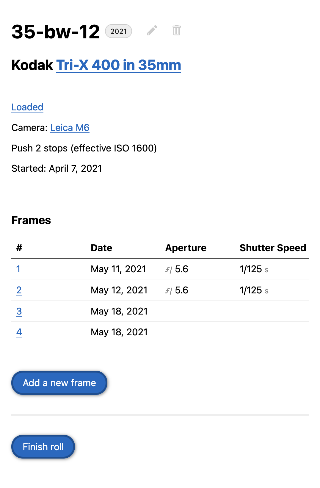A list of frames for a roll of film.