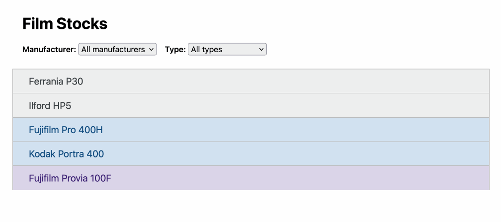 Selecting options from a dropdown and seeing a list of film stocks change immediately without a page refresh. Clicking into one of the stocks shows you your own inventory and history of that stock.