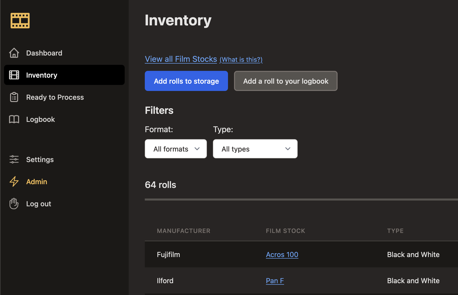 A snippet of the new film inventory page